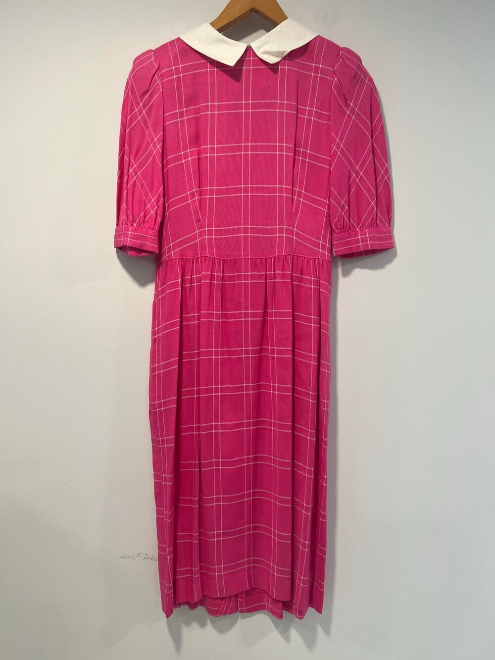Vintage Lanz Midi Dress Rayon Pink White Contrast Peter Pan Collar Size 6 JL